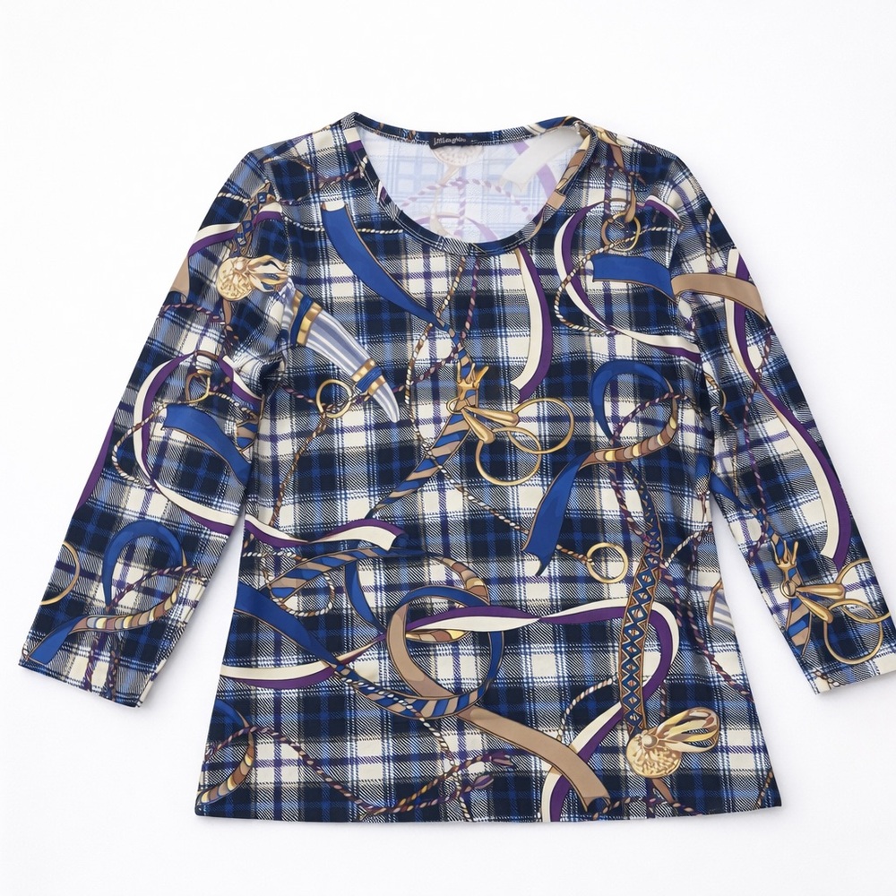 J. MCLAUGHLIN Signature Top Size M Catalina Cloth Plaid Equestrian Horse Bit